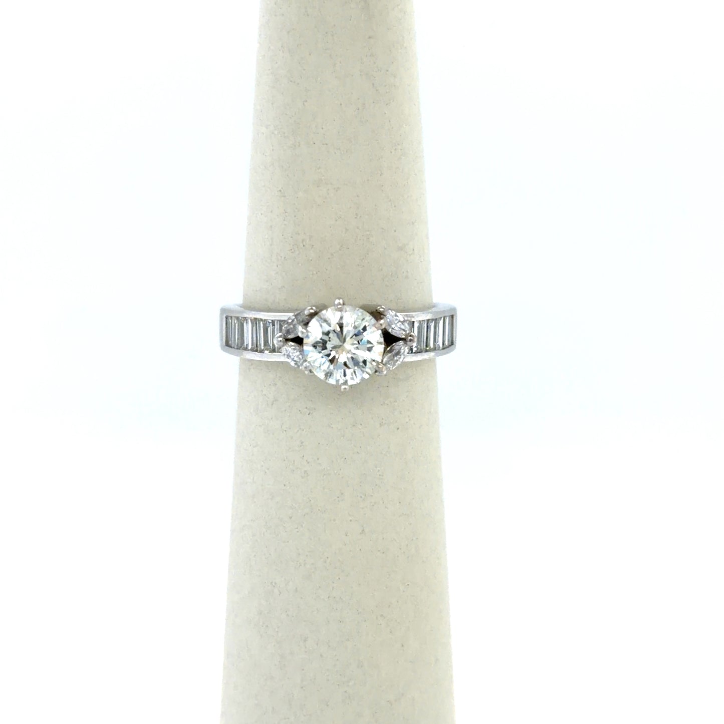 1.07 CT Round Diamond Baguette And Marquise Side-Stone Engagement Ring in 14K White Gold