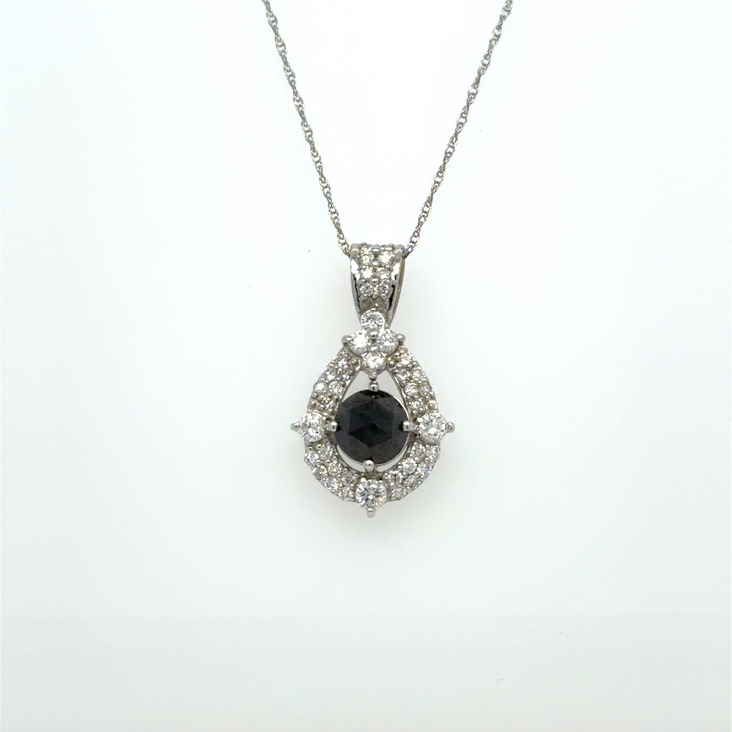 1.80 CTW Natural Black Diamond Halo Necklace in 18K White Gold