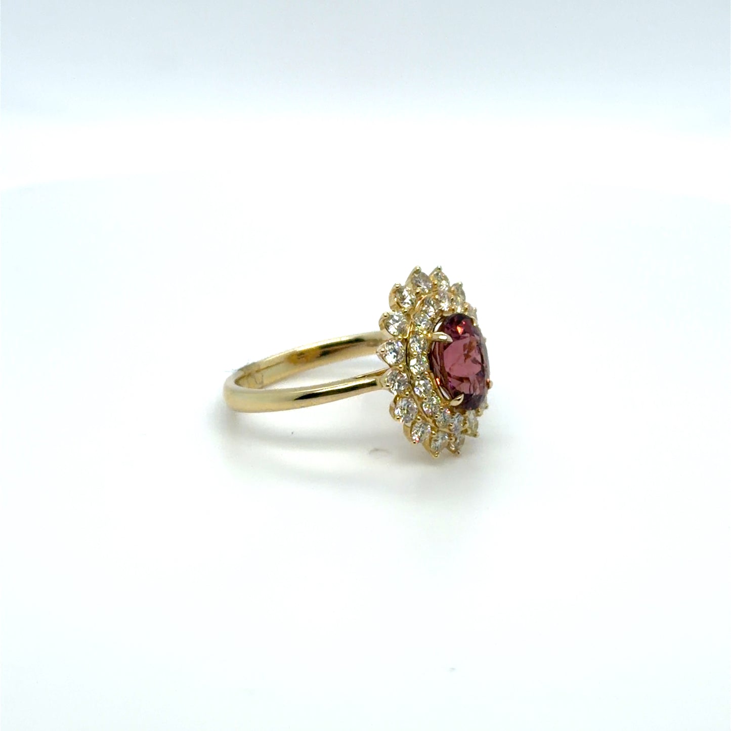 1.30 CT Pink Tourmaline & Natural Diamond Sunburst Halo Ring in 14K Yellow Gold