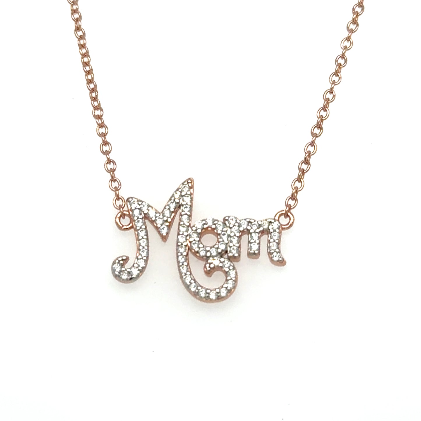 Sterling Silver Rose Plated "Mom" Cubic Zirconia Necklace