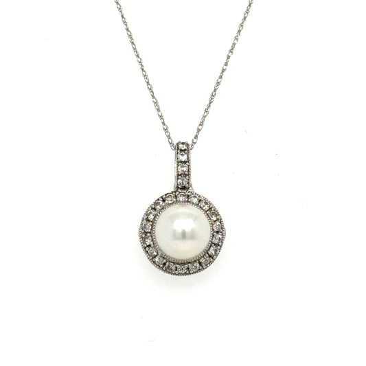 White Sapphire and Pearl 14k White gold Pendant with Chain
