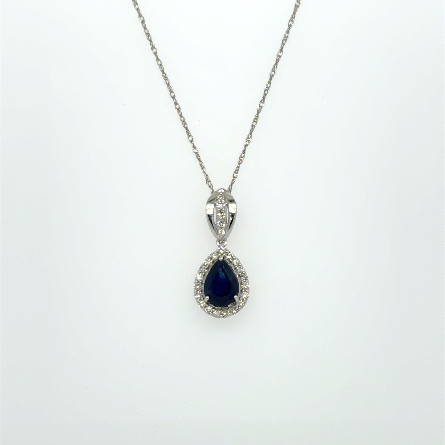 0.75 CT Sapphire & Natural Diamond Halo Pendant in 14K White Gold