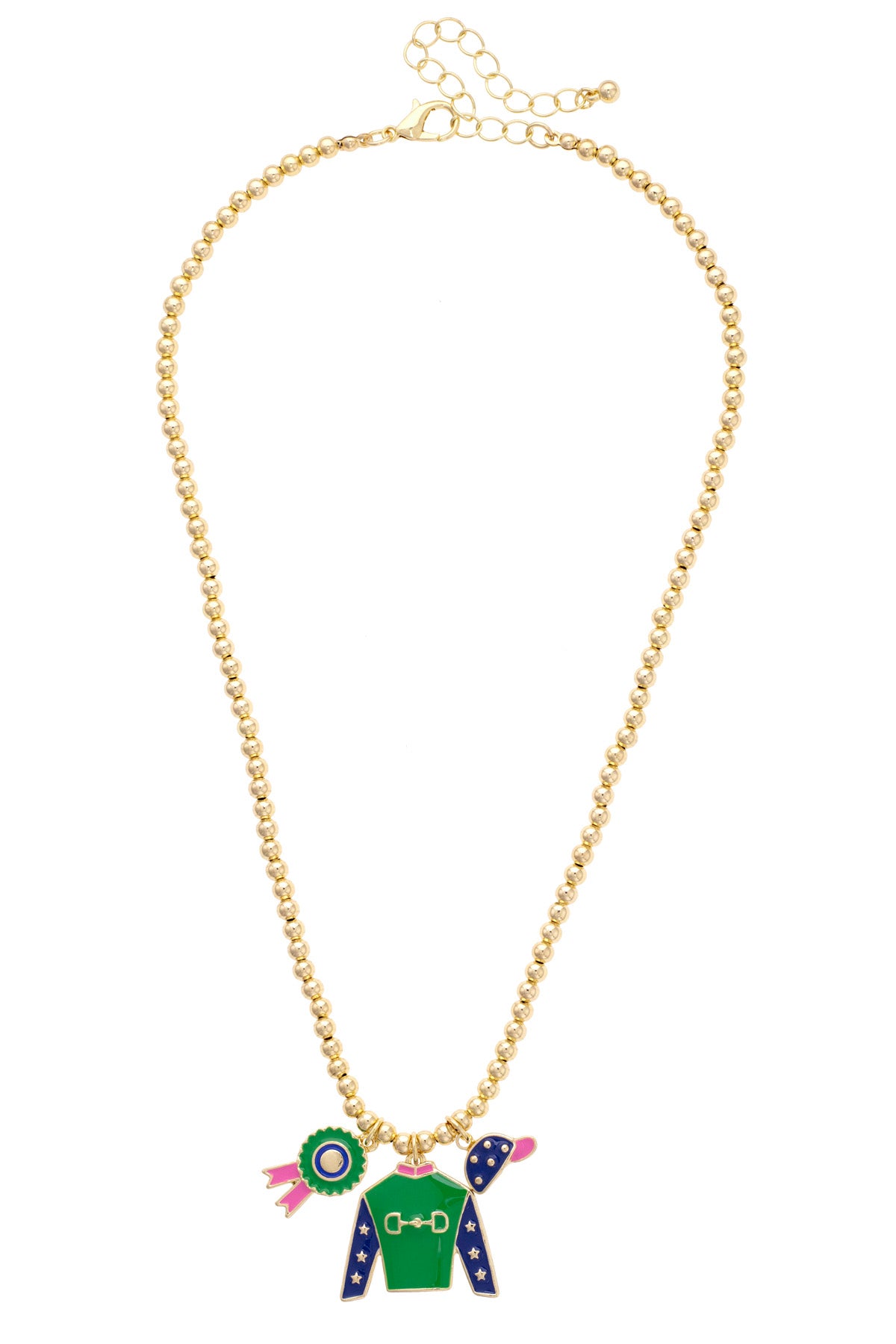 Prize Winning Jockey Silk Enamel Ball Bead Necklace in Shiny Gold