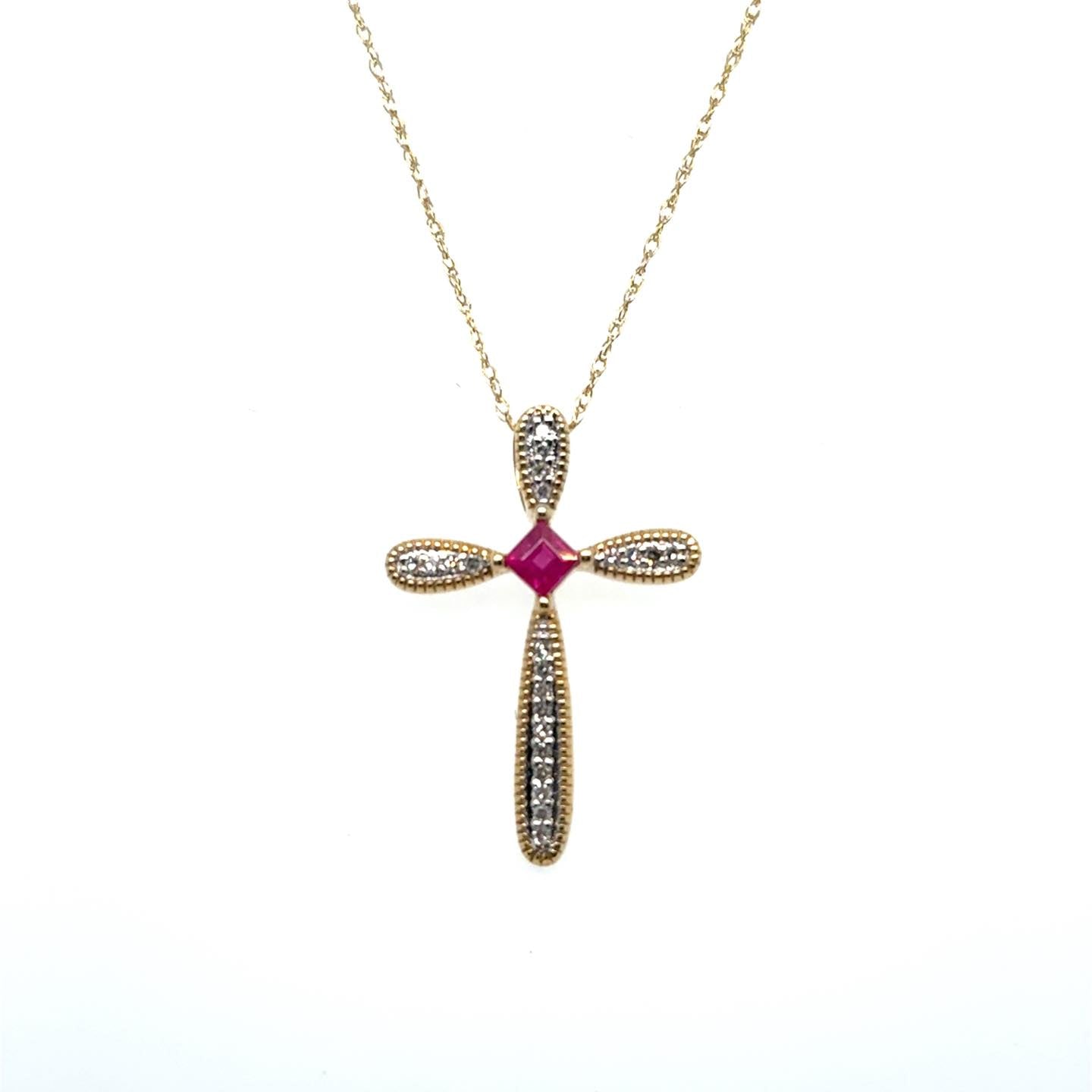 .09ctw Diamond and Ruby 14kt Yellow Gold Cross with Chain