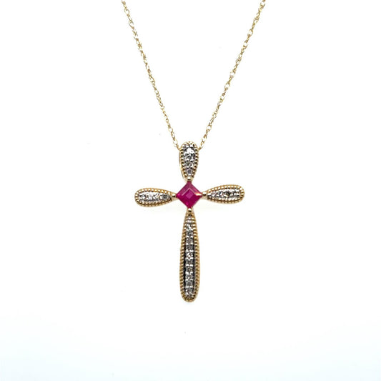 .09ctw Diamond and Ruby 14kt Yellow Gold Cross with Chain