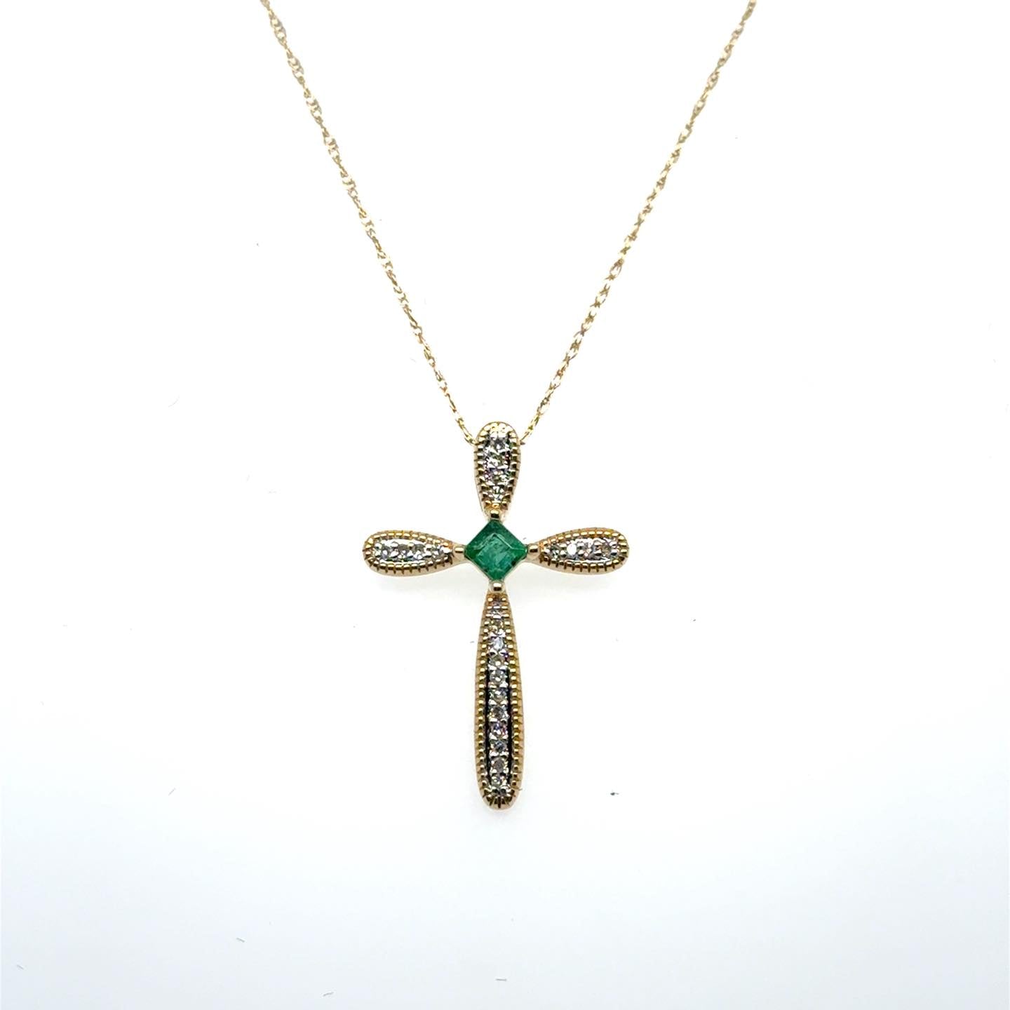 .09ctw Diamond and Emerald 14kt Yellow Gold Cross with Chain