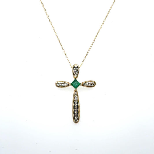 .09ctw Diamond and Emerald 14kt Yellow Gold Cross with Chain