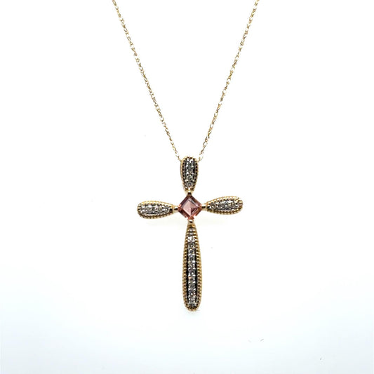 .09cw Diamond and Pink Sapphire 14kt Yellow Gold Cross with Chain