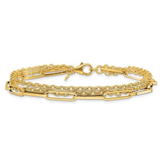 14kt Polished 3-Strand Fancy Link Bracelet - 7.5”