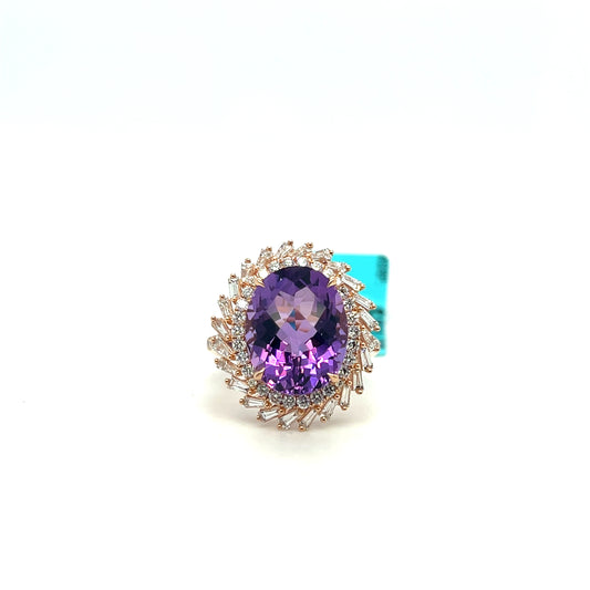 14K Rose Gold Amethyst & Diamond Ring – 5.50ct Amethyst