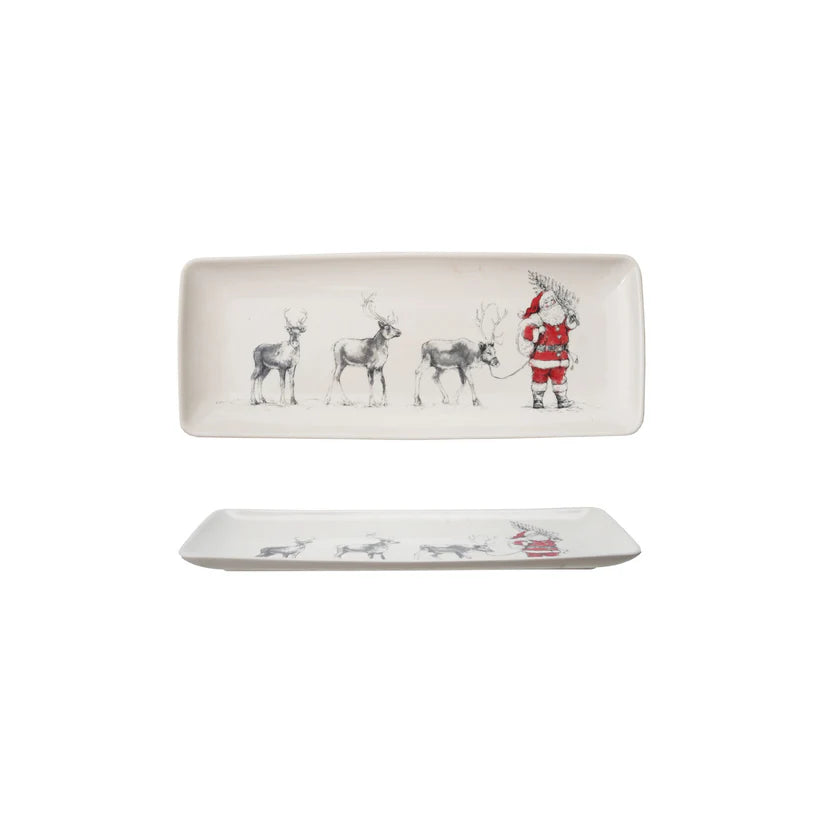 14"L Stoneware Platter with Santa Leading Reindeer