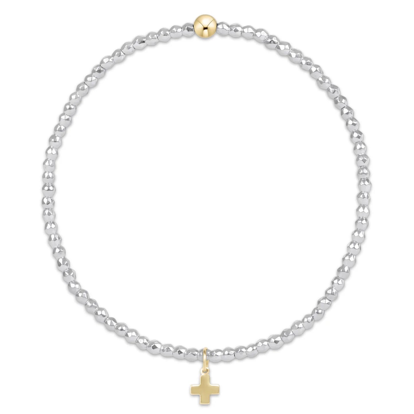 e. newton bright silver faceted hematite 2mm bead bracelet - signature cross gold charm