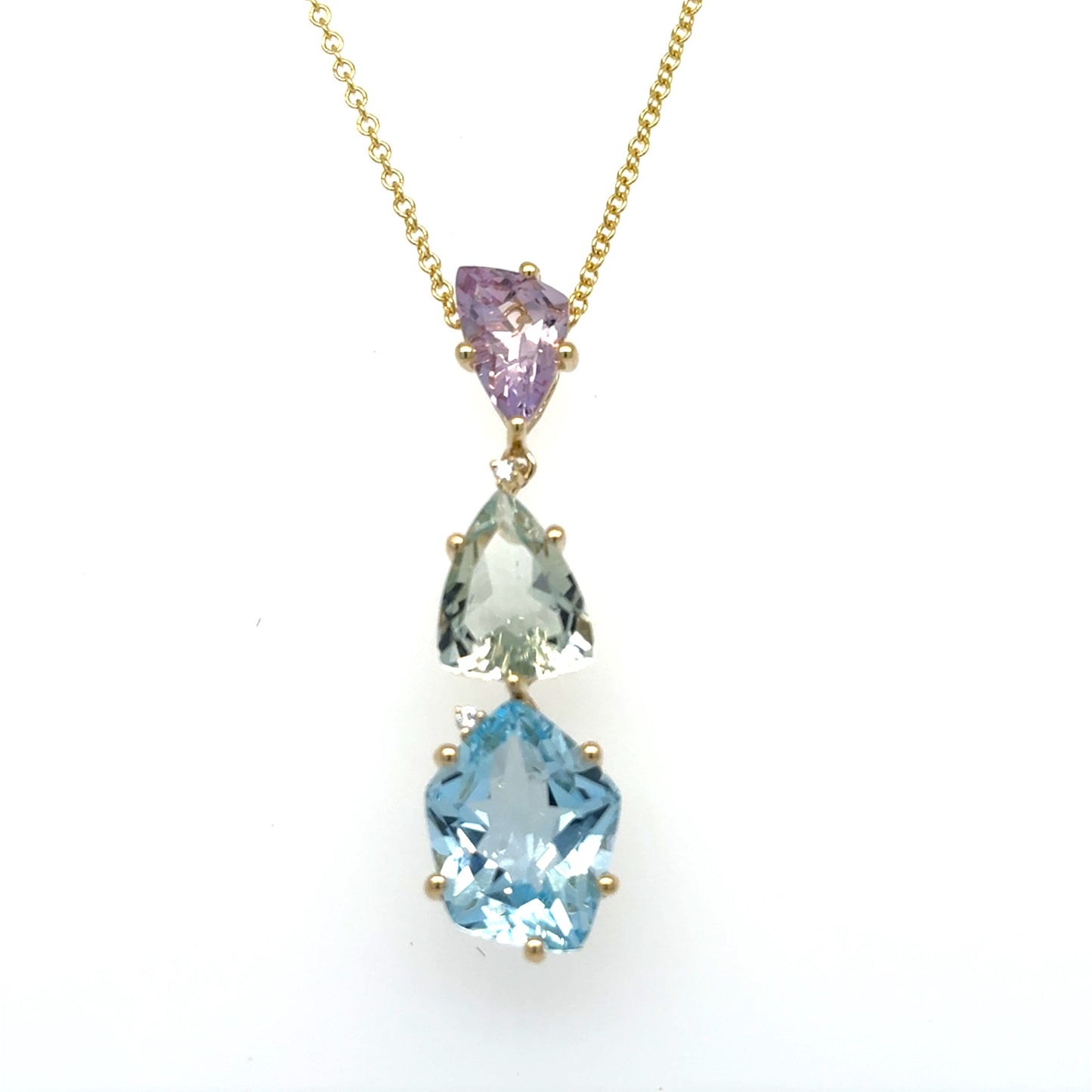 14kt Yellow Gold .01ctw Diamond, 7.80ctw Pink Amethyst, Green Amethyst & Sky Blue Topaz Pendant with 18" Chain