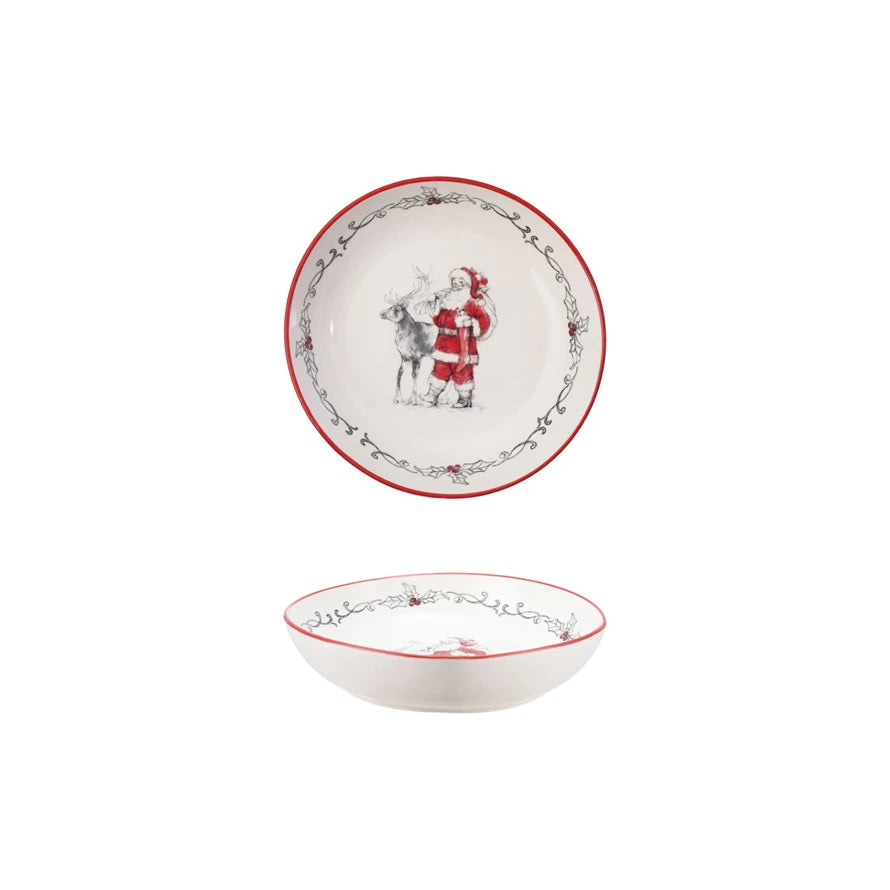 12 3/4"Stoneware Bowl with Santa Leading Reindeer