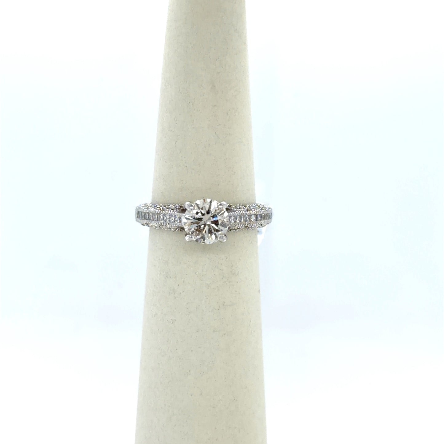 1.00 CT Round Diamond Filigree Side-Stone Engagement Ring in 14K White Gold