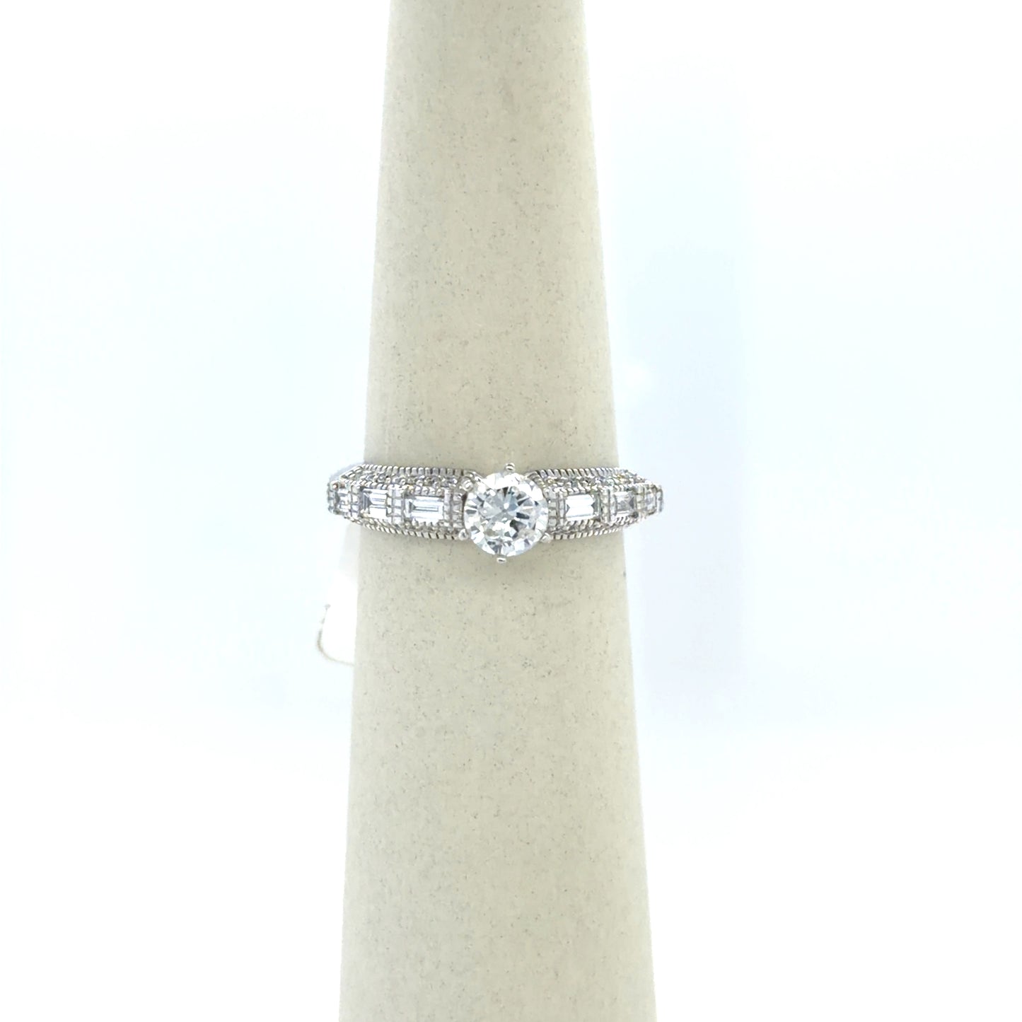 0.49 CT Round Diamond Baguette Side-Stone Engagement Ring in 18K White Gold