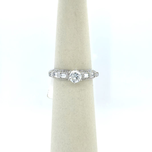 0.49 CT Round Diamond Baguette Side-Stone Engagement Ring in 18K White Gold