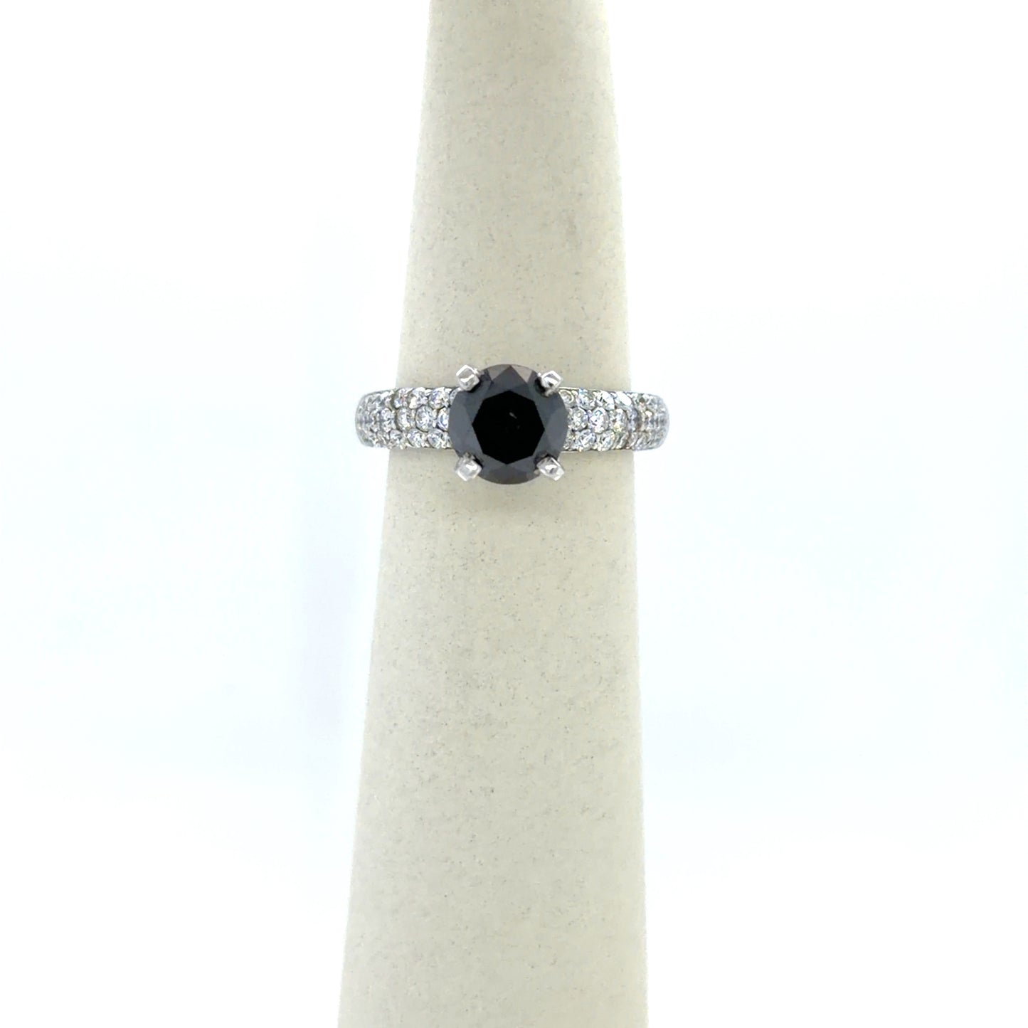 1.53 CT Round Black Diamond Black Diamond Side-Stone Engagement Ring in 14K White Gold