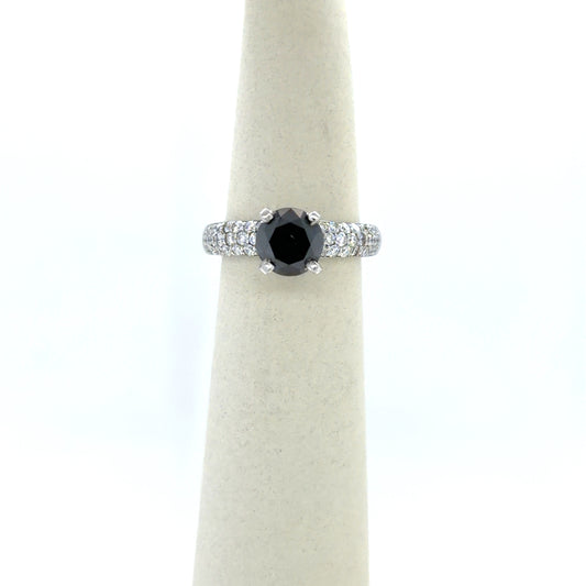 1.53 CT Round Black Diamond Black Diamond Side-Stone Engagement Ring in 14K White Gold