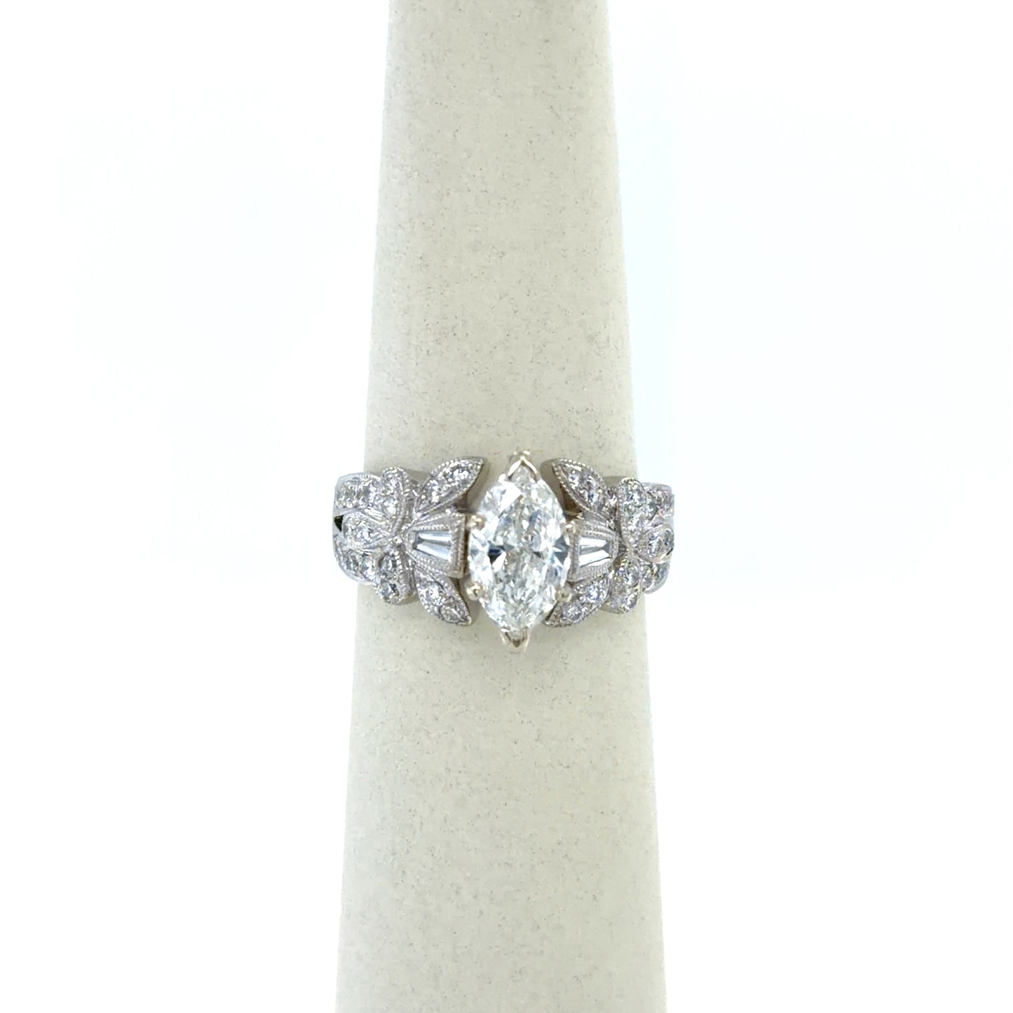 1.29 CT Marquise Diamond Vintage Floral Engagement Ring in 14K White Gold