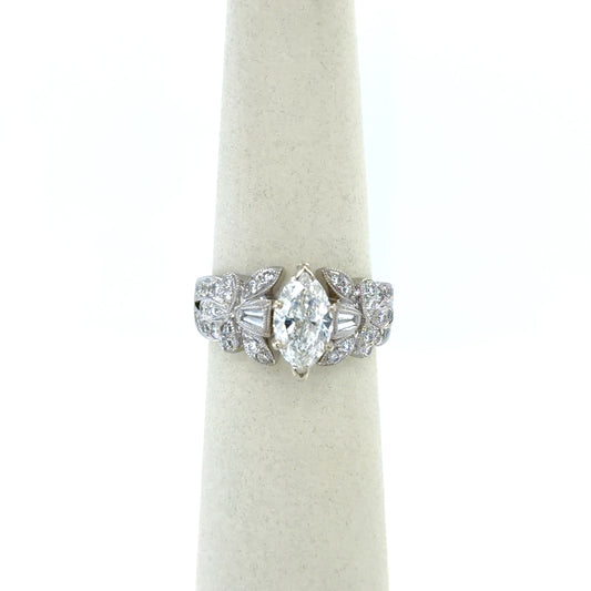 1.29 CT Marquise Diamond Vintage Floral Engagement Ring in 14K White Gold