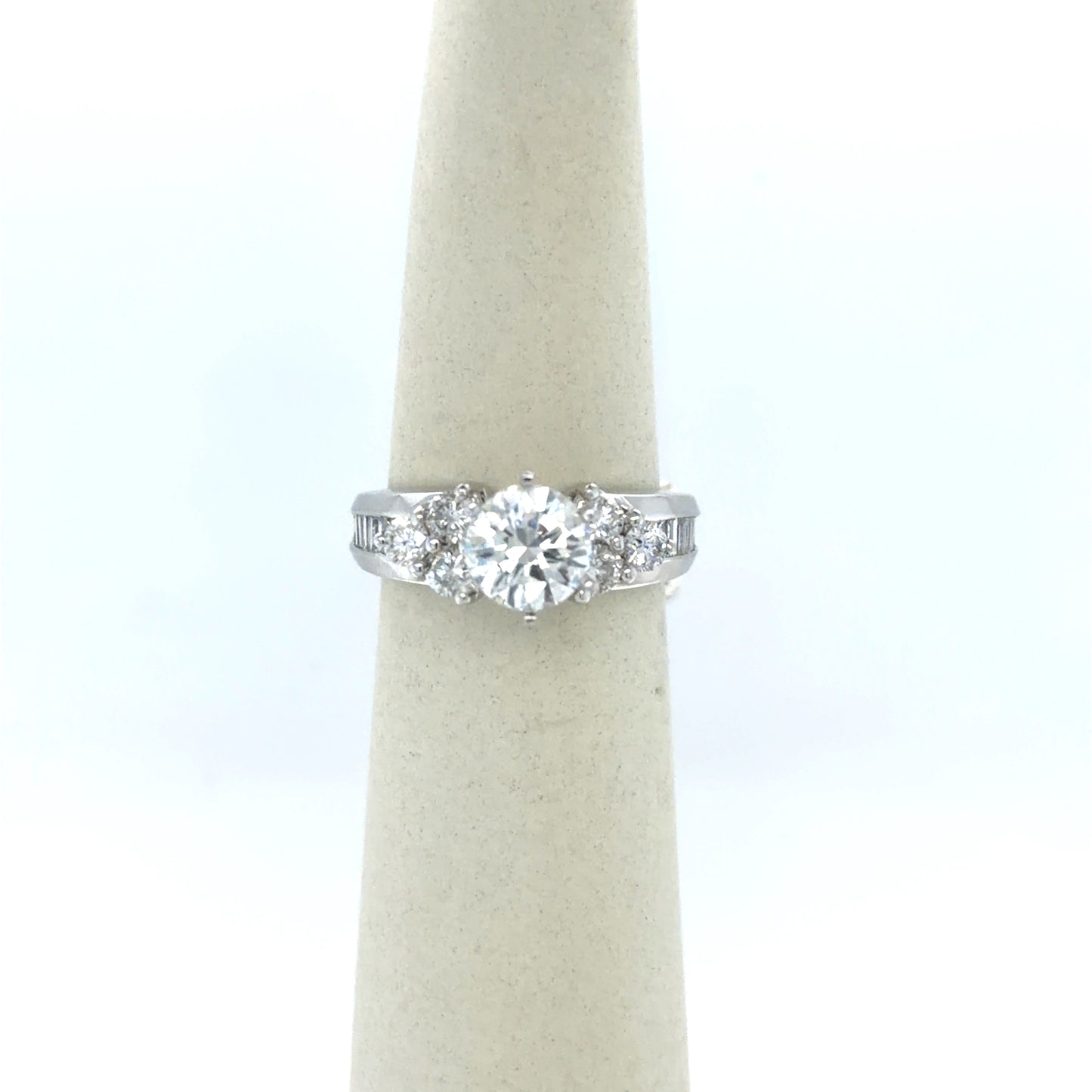 1.09 CT Round Diamond Round And Baguette Side-Stone Engagement Ring in 14K White Gold