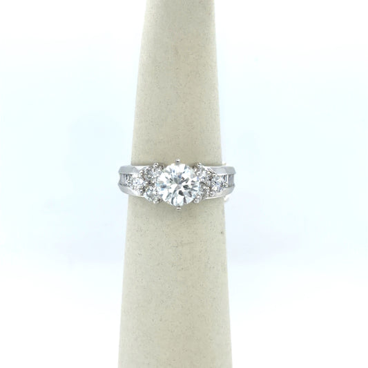 1.09 CT Round Diamond Round And Baguette Side-Stone Engagement Ring in 14K White Gold