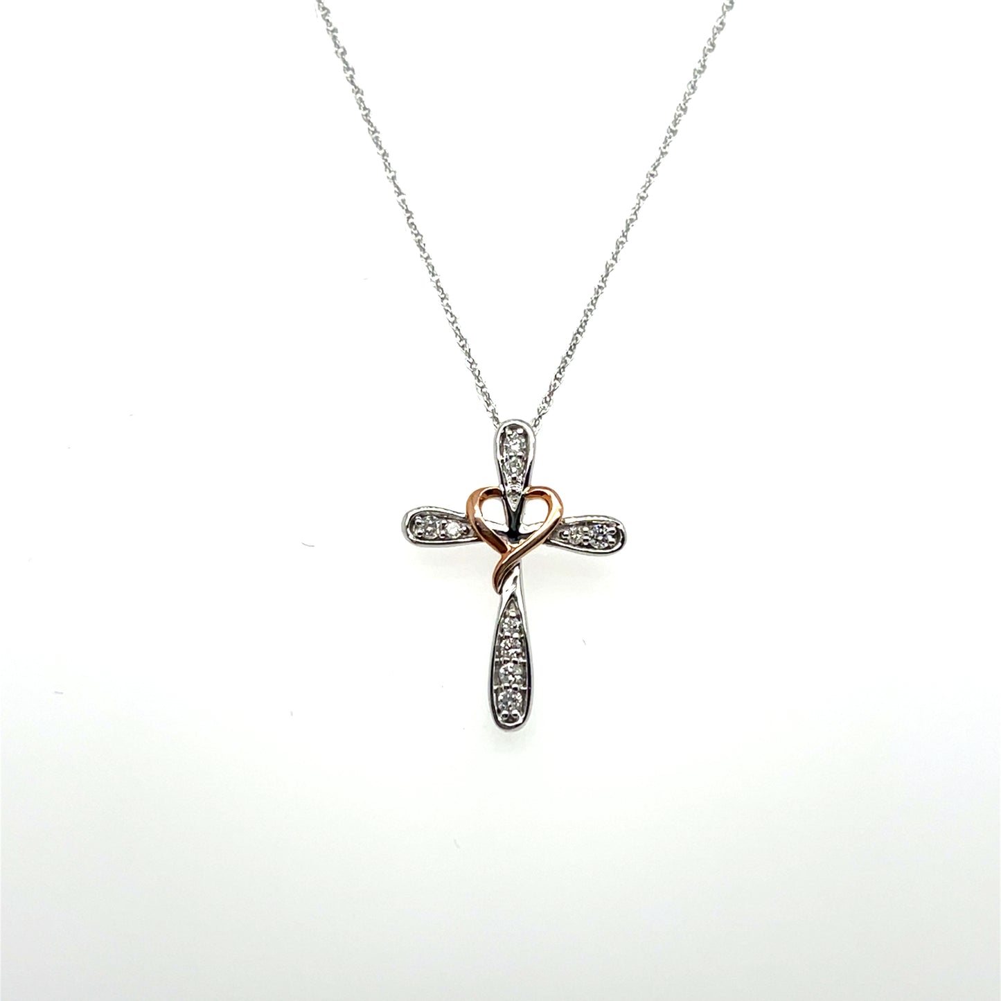 0.10CTW Diamond Cross Pendant in 10K White Gold with Rose Gold Accents