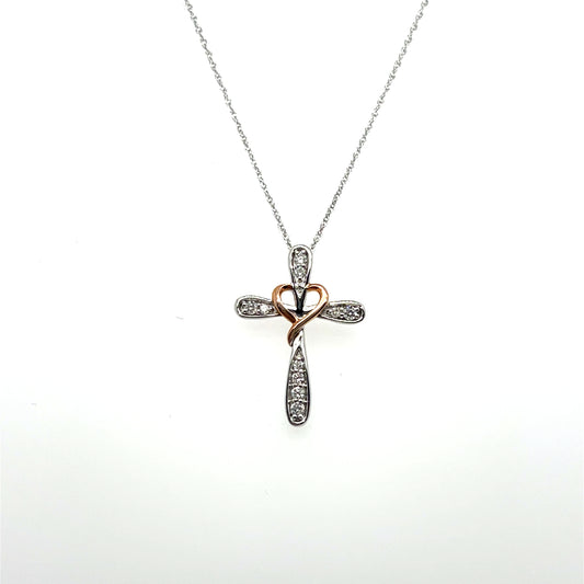 0.10CTW Diamond Cross Pendant in 10K White Gold with Rose Gold Accents