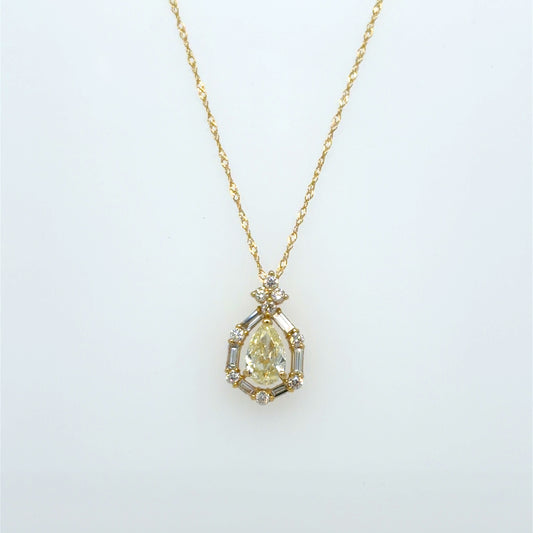 0.69 CT Natural Pear Diamond & Baguette Halo Pendant in 18K Yellow Gold