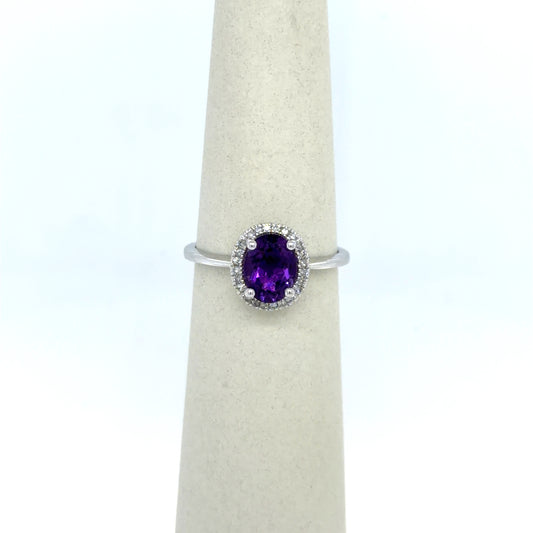 Amethyst & Diamond Halo Ring in 14K White Gold