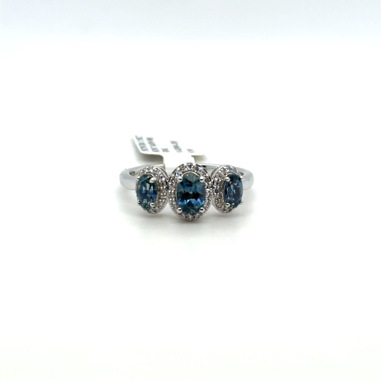 1.19 CTW Montana Sapphire & Sapphire & Natural Diamond Three-Stone Halo Ring in 10K White Gold
