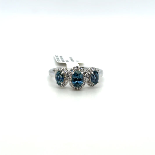 1.19 CTW Montana Sapphire & Sapphire & Natural Diamond Three-Stone Halo Ring in 10K White Gold