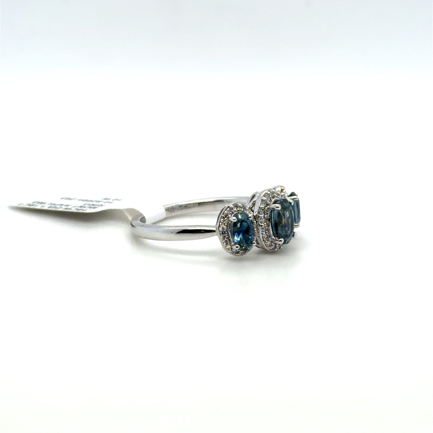 1.19 CTW Montana Sapphire & Sapphire & Natural Diamond Three-Stone Halo Ring in 10K White Gold