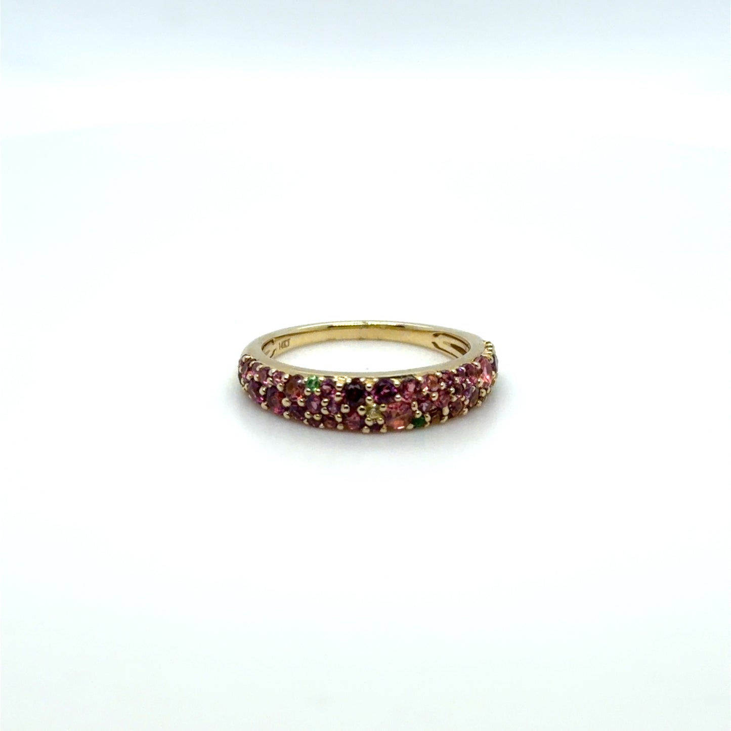 Multi-Color Gemstones Pink & Green Pavé Band in 14K Yellow Gold