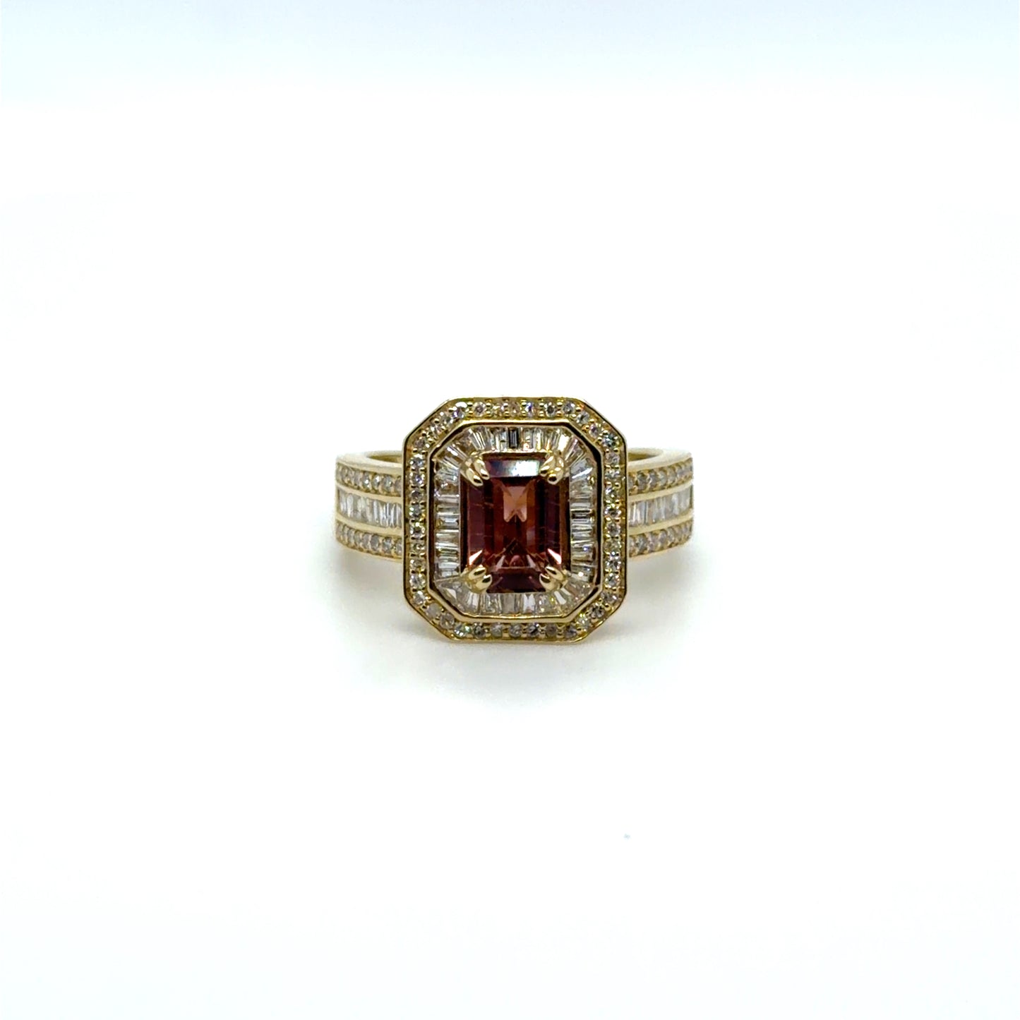 1 CT Pink Tourmaline & Natural Diamond Art Deco Ring in 14K Yellow Gold