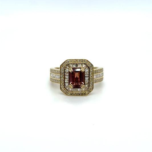 1 CT Pink Tourmaline & Natural Diamond Art Deco Ring in 14K Yellow Gold