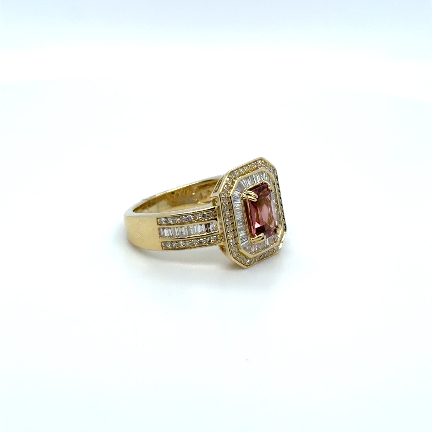 1 CT Pink Tourmaline & Natural Diamond Art Deco Ring in 14K Yellow Gold