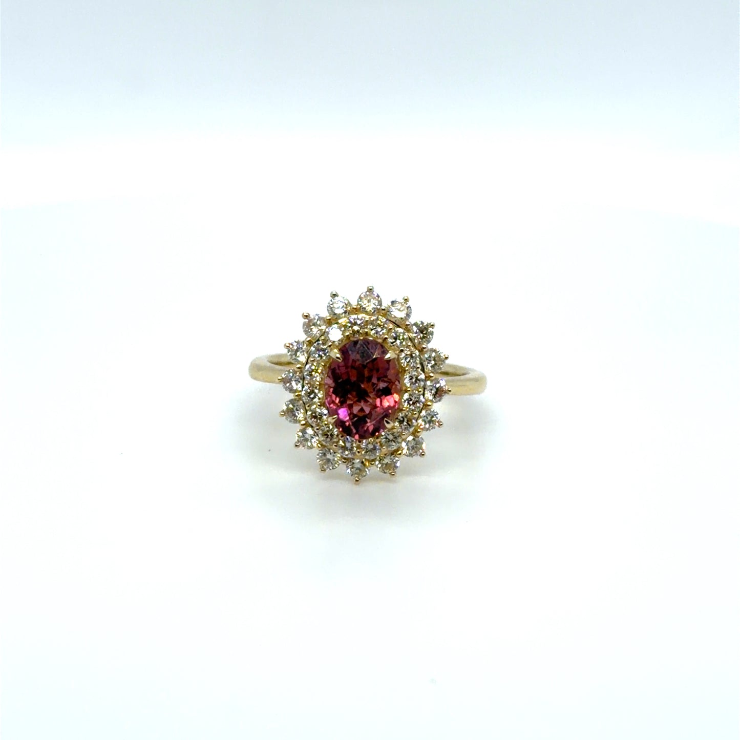 1.30 CT Pink Tourmaline & Natural Diamond Sunburst Halo Ring in 14K Yellow Gold