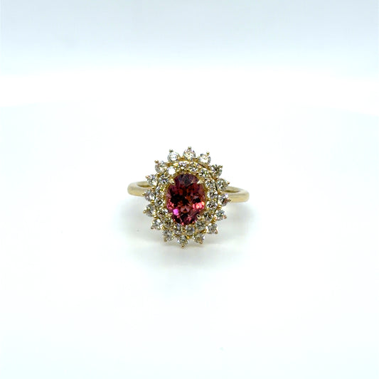 1.30 CT Pink Tourmaline & Natural Diamond Sunburst Halo Ring in 14K Yellow Gold