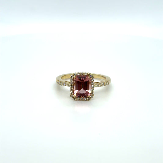 1.65 CT Pink Tourmaline & Emerald & Natural Diamond Emerald-Cut Ring in 14K Yellow Gold