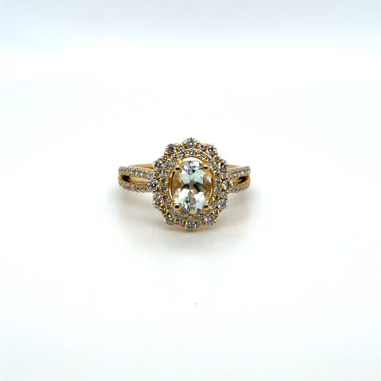 Aquamarine & Natural Diamond Vintage Halo Ring in 14K Yellow Gold