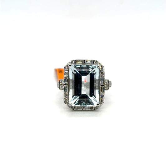 6.85 CT Aquamarine & Natural Diamond Art Deco Ring in 14K White Gold