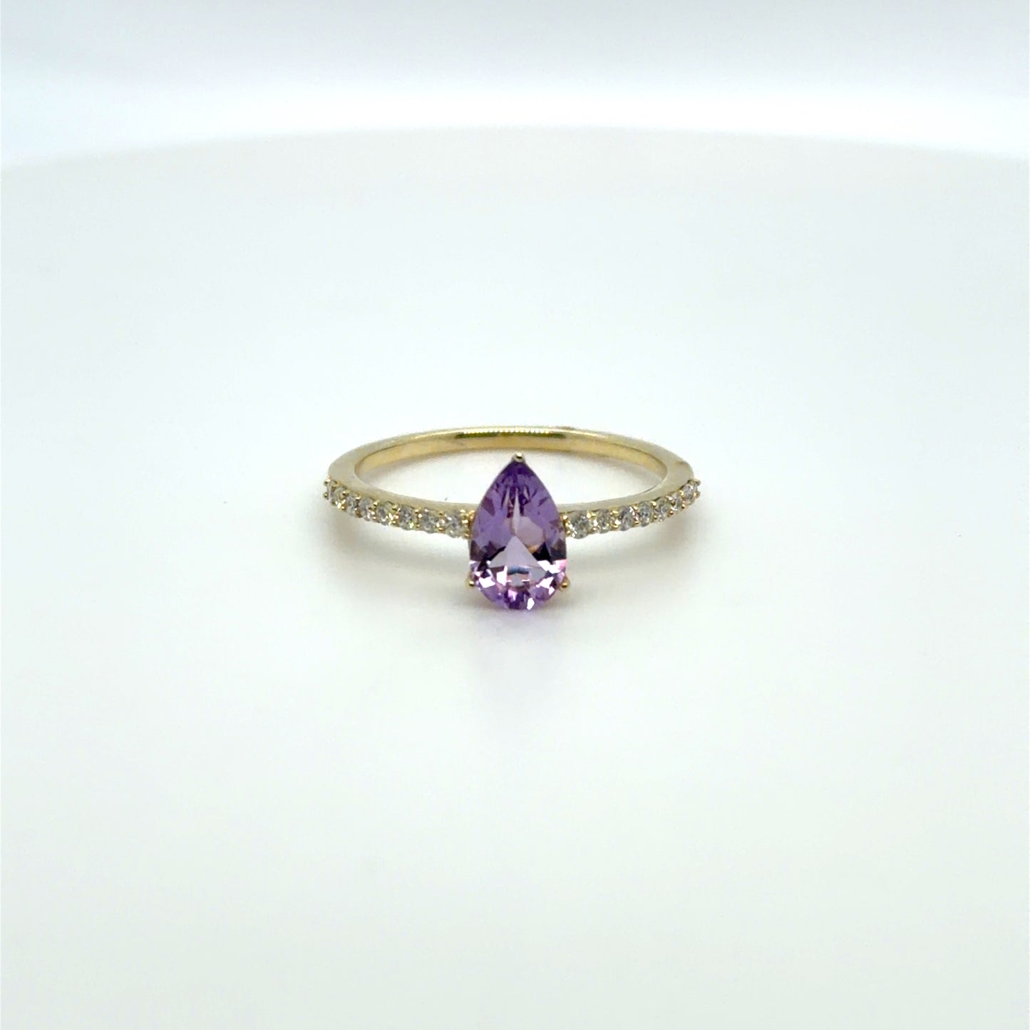 0.75 CTW Amethyst & Natural Diamond Pear Ring in 10K Yellow Gold