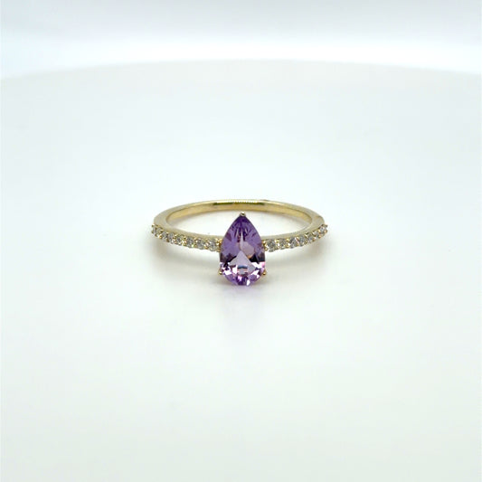 0.75 CTW Amethyst & Natural Diamond Pear Ring in 10K Yellow Gold