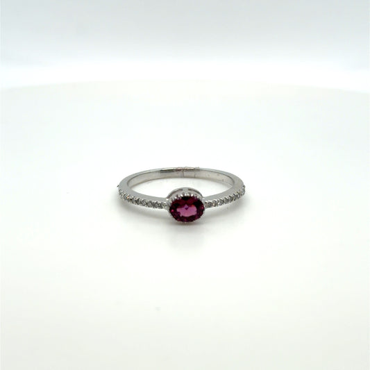 Rhodolite Garnet & Garnet & Natural Diamond Sideways Oval Ring in 10K White Gold
