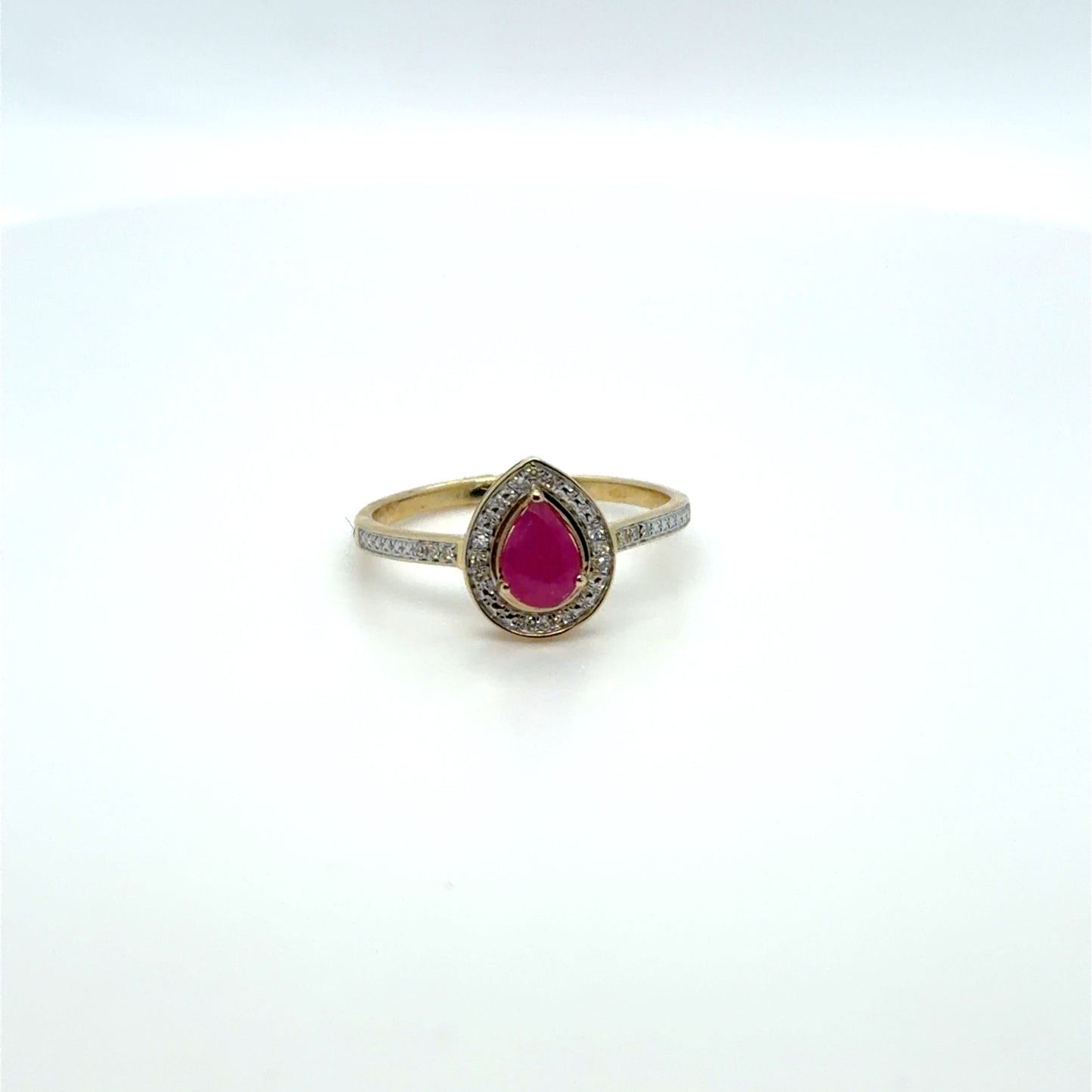 Ruby & Natural Diamond Pear Halo Ring in 10K Yellow Gold