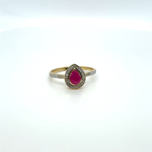 Ruby & Natural Diamond Pear Halo Ring in 10K Yellow Gold