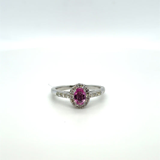 0.55 CTW Pink Sapphire & Sapphire & Natural Diamond Halo Ring in 14K White Gold