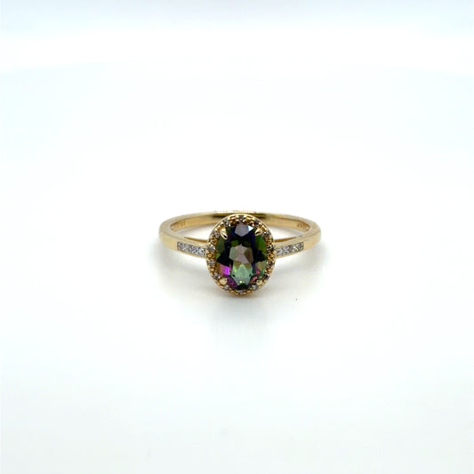 Mystic Topaz & Natural Diamond Halo Ring in 14K Yellow Gold